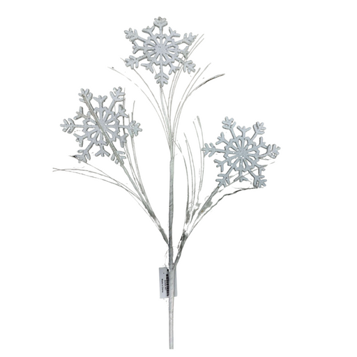 The 31" White Snowflake Spray, model 64494-WT, features a captivating arrangement of three glittery silver snowflakes on long white metallic stems, elegantly fanning out to add a touch of winter wonder.