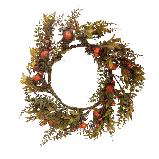 The 20 Mixed Mini Pumpkin Wreath 64583 features green and brown leaves, twigs, and small orange pumpkins, beautifully arranged in a round design on a white background.
