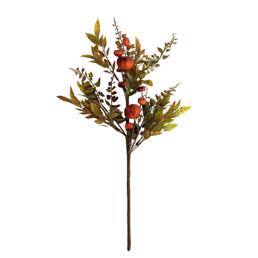 The 18 Mixed Mini Pumpkin Pick 64585 features small orange pumpkins, green and brown leaves, and red berries on a brown stem—perfect for adding festive charm to your decor.