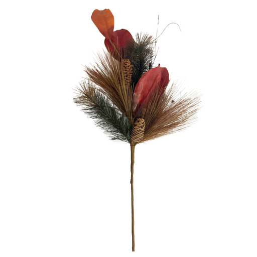 The 26 Fall Magnolia Leaf 64593 features Green Brown Rust magnolia leaves, pine cones, and brown pine needles on a single branch—ideal for adding autumn charm to your space.