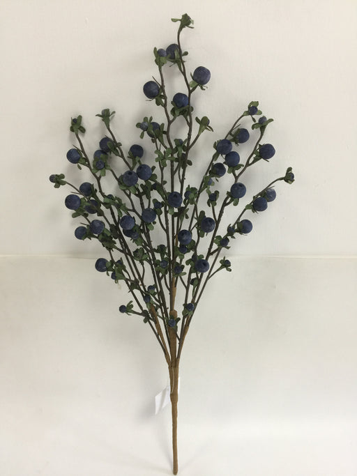 The 22 Long Blue Wild Berry Spray 65135-BL features several thin stems with small, round blue berry clusters and green leaves, shown against a plain white background.
