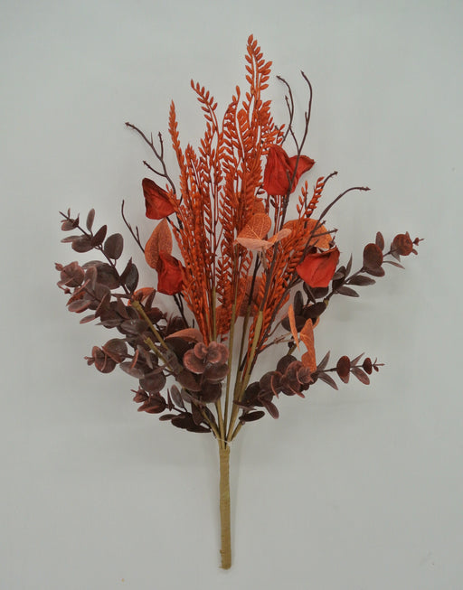The 19 Long Red Eucalyptus Lantern Spray 65173-RD features artificial flowers and leaves in orange and deep red, with tan floral tape-wrapped stems, beautifully arranged against a plain light gray background.