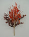 The 19 Long Red Eucalyptus Lantern Spray 65173-RD features artificial flowers and leaves in orange and deep red, with tan floral tape-wrapped stems, beautifully arranged against a plain light gray background.