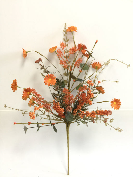 The 24 Long Orange Mixed Fall Filler Spray 65271-OR features bright artificial orange flowers and green foliage in a fan shape, perfect for adding a vibrant accent to any space against a plain white background.