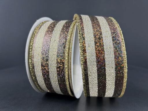Two rolls of 1.5X10Y Chocolate Natural Gold Woven Metallic Stripe Ribbon (68456-09-38) are shown against a dark background, featuring glittery brown and textured cream stripes with shiny gold-edged borders.