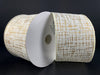 Two rolls of 2.5X10Y Ivory Linen/White-Gold Glitter Print Tweed Ribbon (72325-40-41) stand upright against a black background, showcasing their textured white and gold grid pattern on white plastic spools.