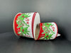 The 2.5X10Y White-Red Dual Satin/Pncane-Mistletoe-Berry Garland Ribbon 73520-40-12 features pinecones, mistletoe, and berries on a white background with red edges, displayed against a dark backdrop.