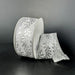 A roll of 1.5X10Y White Satin/Silver Embossed Vines Ribbon (73528-09-42) is shown against a dark background, with a portion unrolled and gracefully draped to highlight its elegant silver vine pattern.