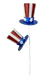 Two 24 Red White and Blue Glitter Stars Stripes Top Hat Sprays with 2 Stems (74239RWB) are mounted on white sticks against a plain background; one hat is upright, while the other is angled downward.