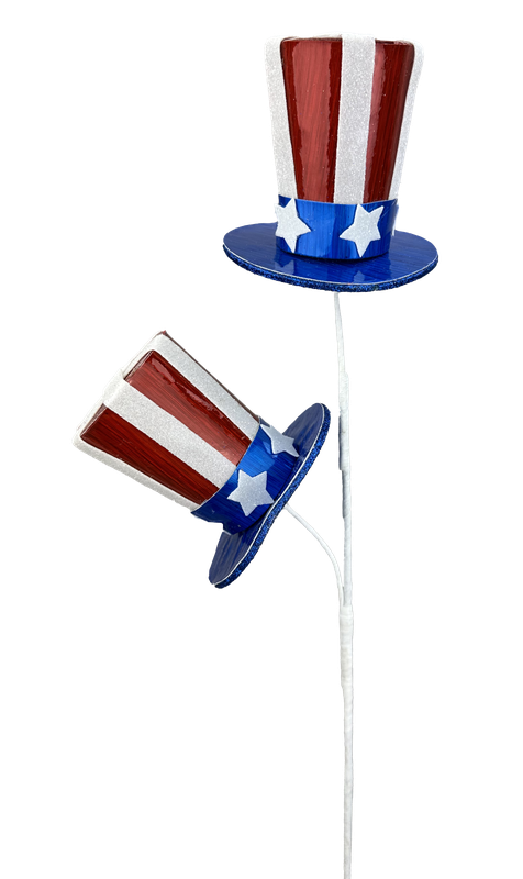 Two 24 Red White and Blue Glitter Stars Stripes Top Hat Sprays with 2 Stems (74239RWB) are mounted on white sticks against a plain background; one hat is upright, while the other is angled downward.