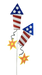 The 26 Red White and Blue Glitter Rocket Spray with 2 Stems features two rocket shapes in American flag designs attached to sticks, along with yellow and red glitter star decorations for a festive look.