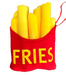 A delightful 6 by 4.5 Plush Fries Ornament (74256FRIES) showcases fluffy yellow sticks in a vibrant red container labeled FRIES.