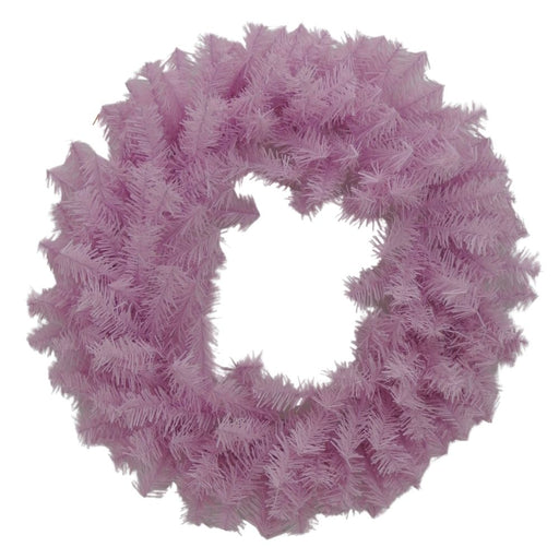 The 24 Pink Halloween Wreath 82295-PK features densely arranged light pink artificial pine branches for a soft, fluffy look—perfect for adding a delicate touch to any décor.