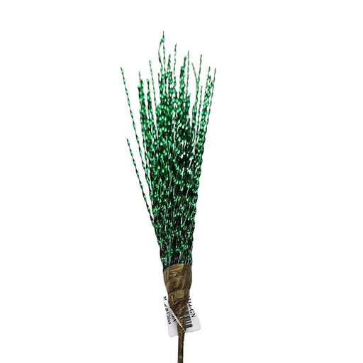The 19" Green Metallic Stripe Spray 82314-GN features decorative branches with green, metallic stripes, elegantly bundled at the base with a brown wrap and set against a plain white background.