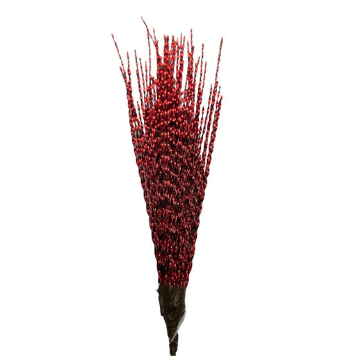 A bundle of 19 Red Metallic Stripe Spray 82314-RD features thin, glittery red branches with striking metallic stripes. They are tightly bound at the base, fanning out with a textured and shiny appearance like festive decorations against a plain white background.