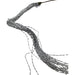 A 39" Silver Metallic Stripe Hanging 82315-Silver displays loosely twisted and curled strands, reflecting light to resemble shimmering silver metallic stripes. This elegant decor merges into a single section at the top against a white background.