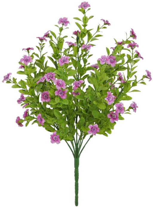 The 17 Filler Bush Fuschia, item 82396-FU, includes artificial green stems accented with lush leaves and vibrant fuchsia pink flower clusters.
