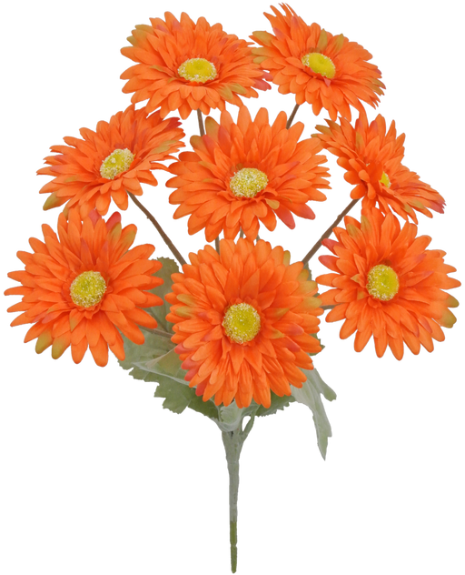 The 17 Gerbera Bush Orange, featuring 8 stems with vibrant orange daisies, stunning yellow centers, and lush green leaves, is artfully arranged against a plain white background.