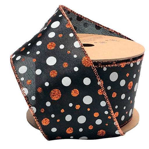 The 2.5" Black White and Red Glitter Polka Dot Ribbon (WR-10102-063-10) features black, white, and red glitter polka dots plus sparkling wired edges, unspooled to showcase its vibrant design and sturdy structure.