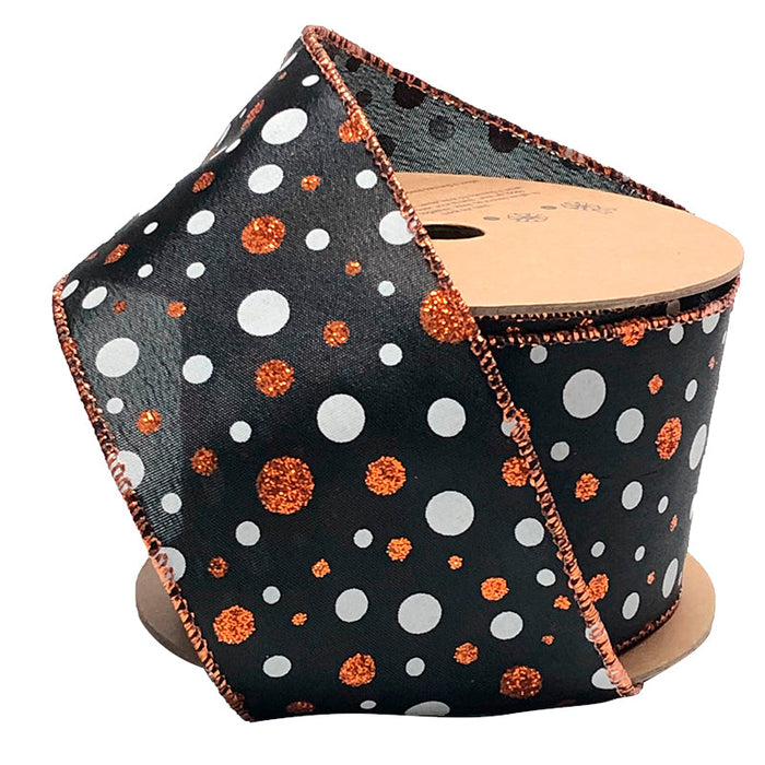 The 2.5" Black White and Red Glitter Polka Dot Ribbon (WR-10102-063-10) features black, white, and red glitter polka dots plus sparkling wired edges, unspooled to showcase its vibrant design and sturdy structure.