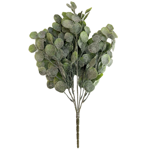The 19 Iced Eucalyptus Bush X 83232 showcases round green leaves with a silver-white frost, reminiscent of a snow-dusted scene, adding an elegant touch to any setting.