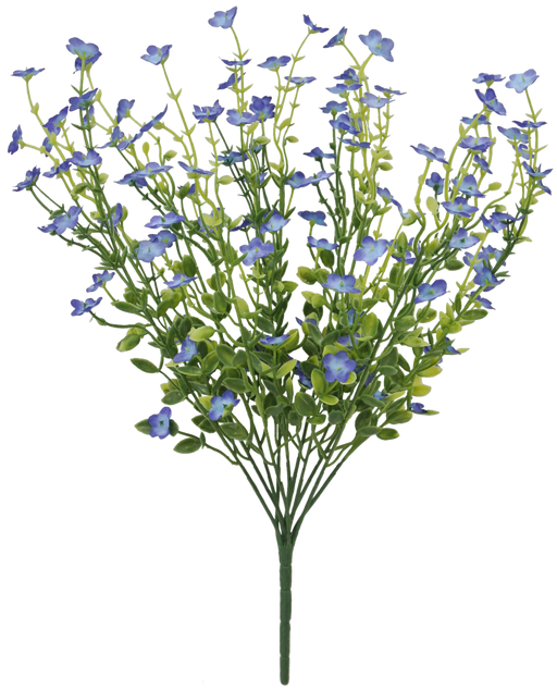 Delicate, light, and airy mixed Forget Me Not blue flowers with green stems fan out against a white background. These small clustered blooms stand elegantly at 17.5 inches high. Model: 83416-BL.