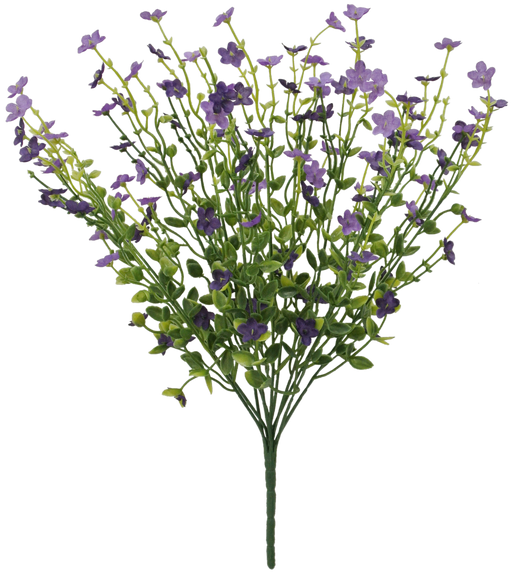 The 17.5 Mixed Forget Me Not Purple (Model 83416-PU) features delicate blooms with lush green stems and leaves, creating a full appearance that highlights the arrangements intricate structure.