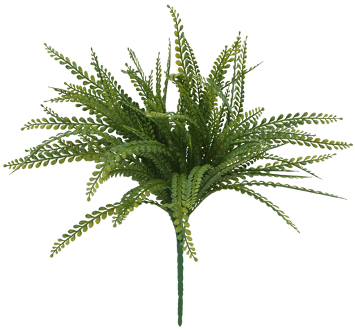 The 19 Long Green Plastic Button Fern 83531 features stems with small, rounded leaflets, fanned out in multiple directions against a plain background.