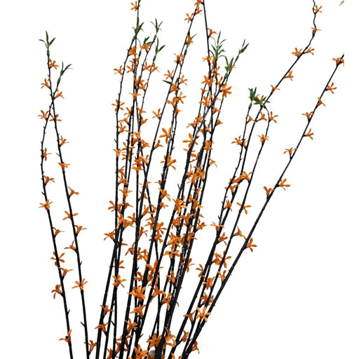 The 35 Orange Plastic Spray 83670-OR features long, slender branches adorned with small orange flowers and a few green leaves, beautifully arranged against a clean white background.