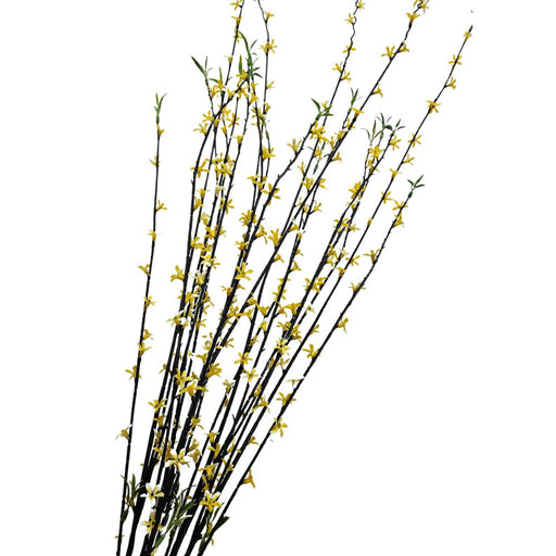 The 35 Yellow Plastic Spray, product 83670-YEL, showcases slender branches with small yellow flowers and green leaves against a plain white background, embodying vibrant charm.