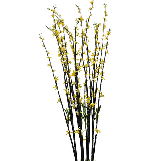 The 35 Yellow Plastic Spray 83670-YEL features tall, slender branches with bright yellow flowers and green leaves against a white background, making it a striking addition to any setting.
