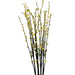 The 35 Yellow Plastic Spray 83670-YEL features tall, slender branches with bright yellow flowers and green leaves against a white background, making it a striking addition to any setting.