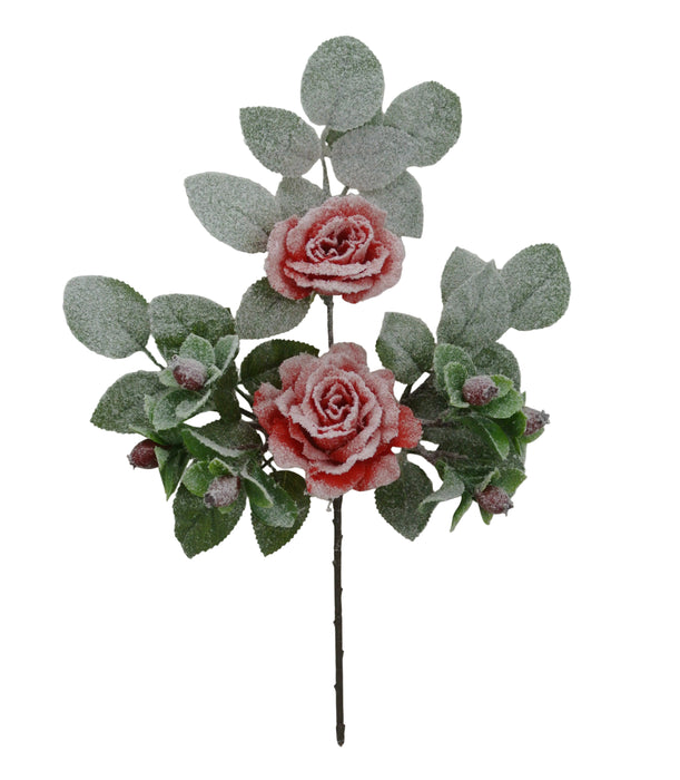 The 18" Red Rose Berry Spray 83754-RD features two large pink and red roses, several rosebuds, berry accents, and artificial frost for a decorative touch against a simple light background.