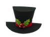 The 10 by 5 by 5 Black Half Snowman Hat, model 83788BK, is a festive top hat adorned with a red band, glittery green holly leaves, and red jingle bells at the front, perfect for adding holiday spirit.