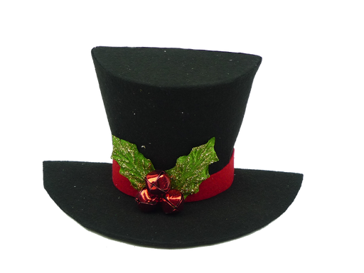 The 10 by 5 by 5 Black Half Snowman Hat, model 83788BK, is a festive top hat adorned with a red band, glittery green holly leaves, and red jingle bells at the front, perfect for adding holiday spirit.