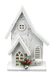 The White 11 House With 5 LED Lights (84012WT) features snowy accents, arched windows, and festive berries with pine at the base, creating a cozy winter or holiday atmosphere.