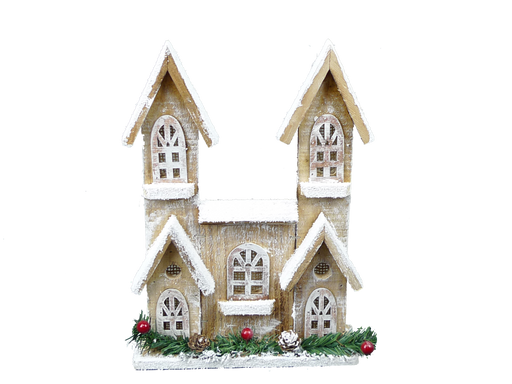 The 12 Brown House with 10 LED Lights (84014BN) features two peaked towers, white frosted accents, festive greenery with red berries and pinecones, LED illumination, and charming lattice designs on its arched and square windows.