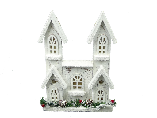 The 12 White House with 10 LED Lights (84014WT) is a decorative white wooden house with three snowy peaked roofs and a base adorned with pinecones, greenery, and red ornaments, all set on a plain gray background.