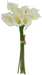The 13 Nature Tough Calla Lily Cream 84088-CR features a bouquet of cream calla lilies with yellow centers, tied with a brown band. These elegant flowers have trumpet-shaped blooms and long green stems.