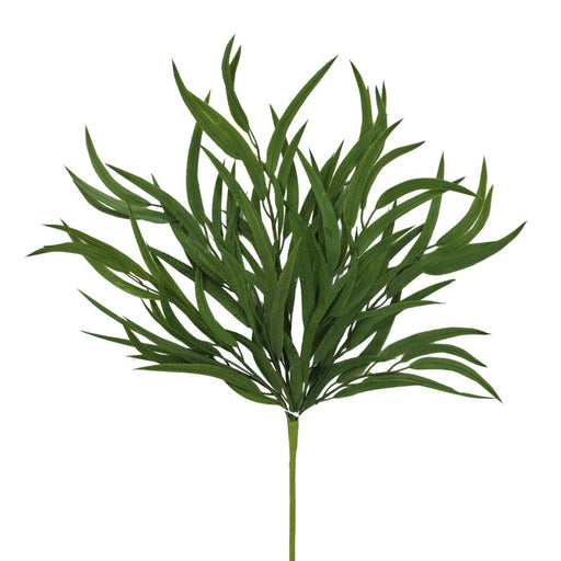 The 21 Dark Green Soft Willow Bush (84198-DkGn) features long, narrow green leaves radiating from the stems. With its visually appealing, fan-like arrangement, this artificial plant mimics a lush bouquet against a plain white backdrop for a realistic look.