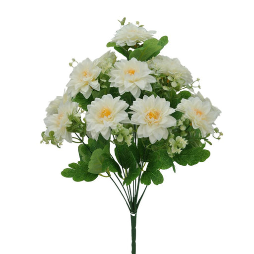The 18.5 White Dahlia Bush (Model 84201-Wt) features a bouquet of artificial white flowers on a single stem, with layered petals, small green leaves, and slightly yellow-tinged centers. It includes 12 stems that form full blossoms surrounded by clusters of tiny buds.