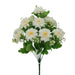 The 18.5 White Dahlia Bush (Model 84201-Wt) features a bouquet of artificial white flowers on a single stem, with layered petals, small green leaves, and slightly yellow-tinged centers. It includes 12 stems that form full blossoms surrounded by clusters of tiny buds.