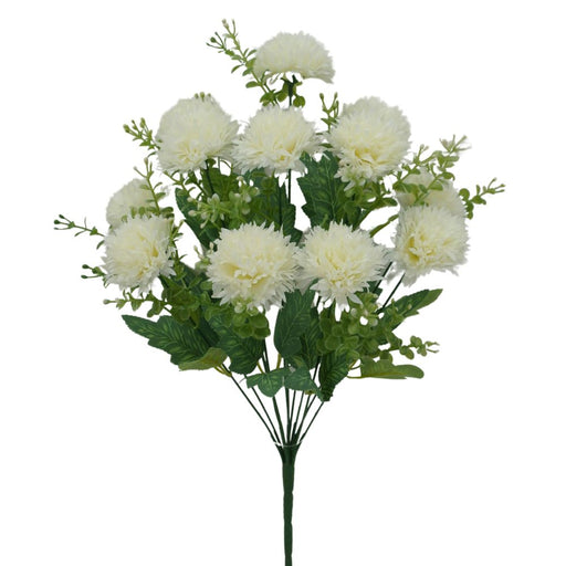 The 19 White Pom Pom Bush features 12 artificial chrysanthemum stems with lush green leaves and delicate sprigs, arranged on a plain white background.