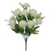 The 19 White Pom Pom Bush features 12 artificial chrysanthemum stems with lush green leaves and delicate sprigs, arranged on a plain white background.