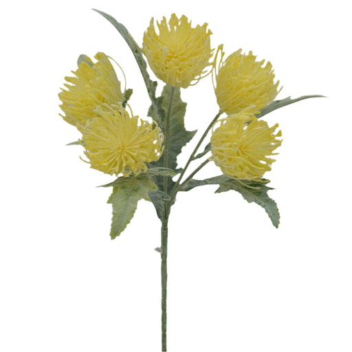 The 15 Thistle Bouquet Yellow features a single stem with vibrant spherical flowers and lush green leaves, resembling a delicate thistle bouquet against a plain background. Product Code: 84236-YEL.