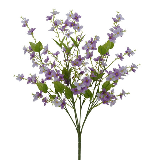 The 22 Purple and Lavender Filler Bush (84266-PuLv) showcases delicate purple and white flowers with green leaves on slender stems, arranged in a spray-like formation. Its small flowers with dark centers create a lush and vibrant appearance against a plain white background.