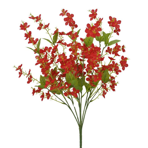 The 22 Red Filler Bush with 6 Stems (84266-Rd) displays artificial red flowers with small blossoms and green leaves, arranged in a fan shape against a white background.