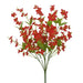 The 22 Red Filler Bush with 6 Stems (84266-Rd) displays artificial red flowers with small blossoms and green leaves, arranged in a fan shape against a white background.