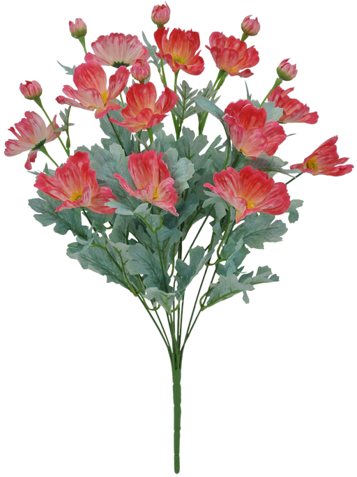 The 22 Cosmos Bush Hot Pink (12 Stems, 84299-BTY) features dazzling hot pink cosmos flowers with vibrant yellow centers and lush green leaves, creating a full, lively display.