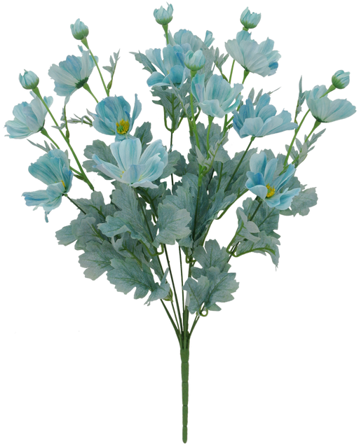 The 22 Cosmos Bush Teal (SKU: 84299-TEAL) features a bouquet of light blue and teal flowers with 12 stems, arranged in a fan shape. Blossoms with soft textures mingle with green leaves, while small buds promise future blooms.